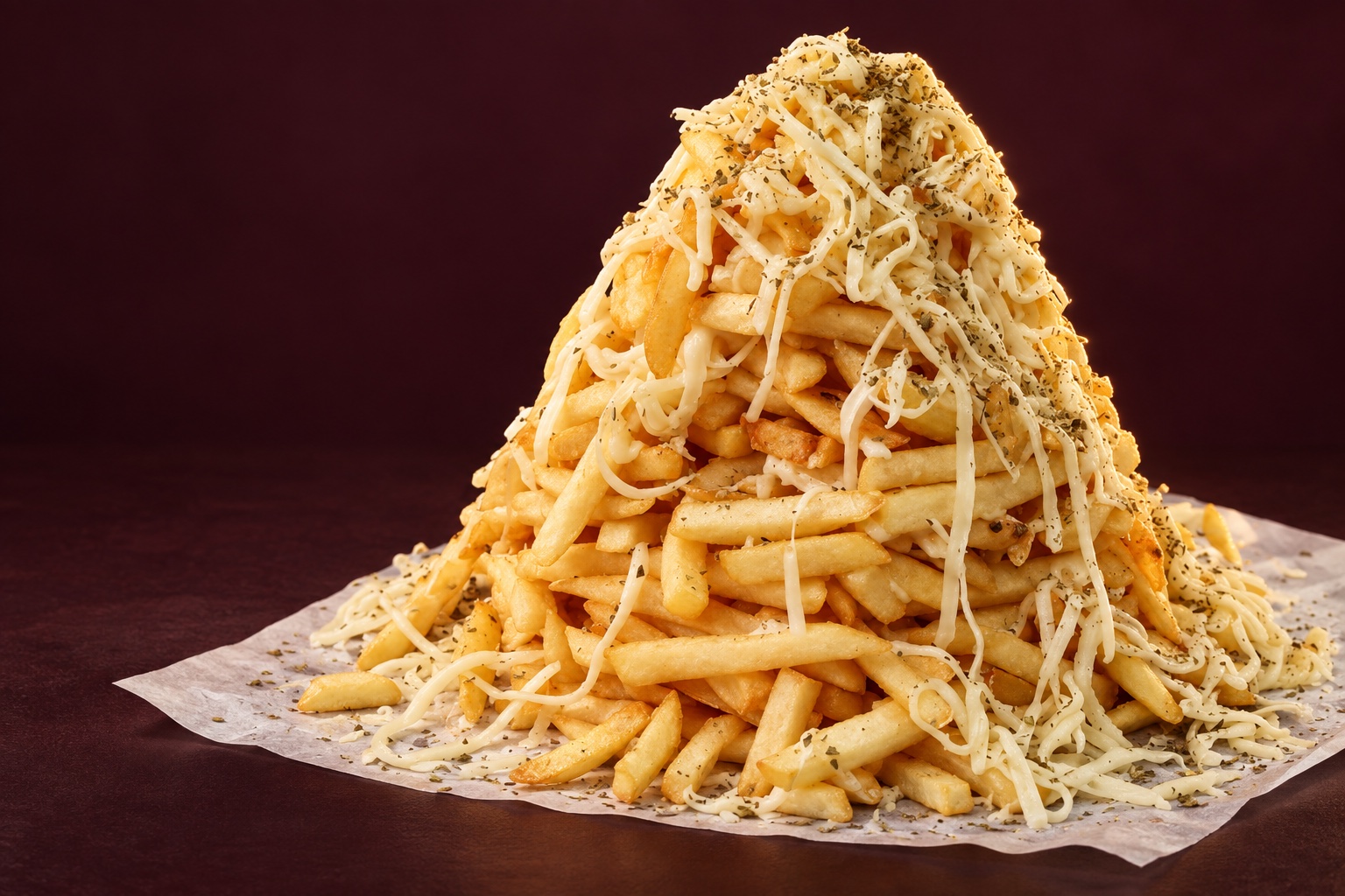 Composição ilustrativa inspirada na batata da casa: uma montanha de fritas com queijo e orégano