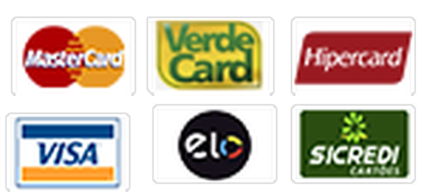 Cartões aceitos: Mastercard, Verde Card, Hipercard, Visa, Elo e Sicredi